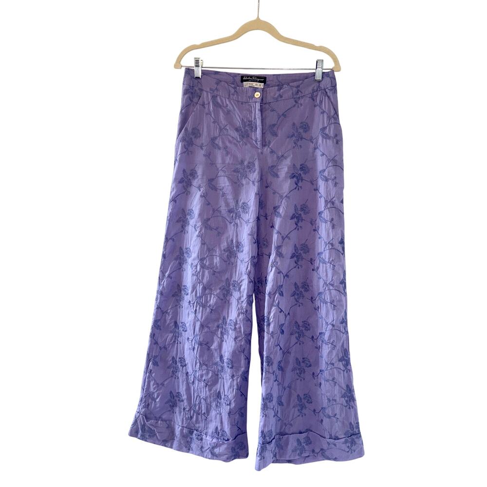 Ferragamo Vintage Purple Embroidered Vintage Wide Leg Palazzo Trousers - Picture 5 of 7